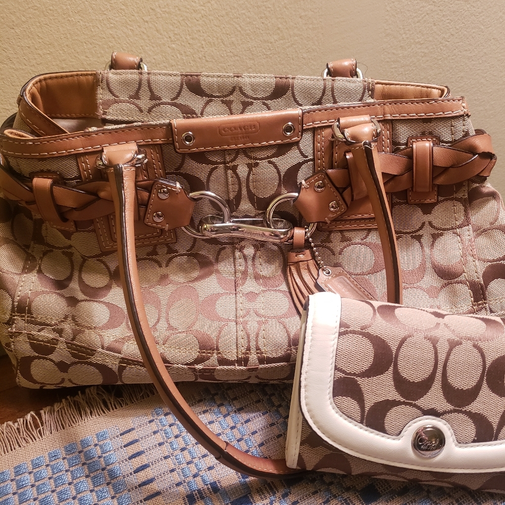 Brown signature pattern coach purse and wallet